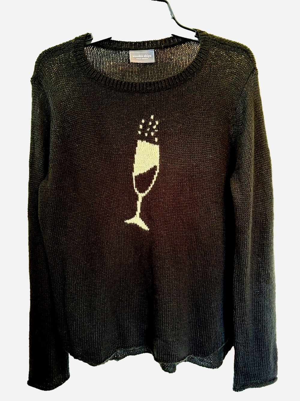 Wooden Ships Champagne Glass Sweater Black Cream S/M Wool Mohair Knit